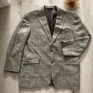 Burberry London Tan Check Teal Windowpane plaid Blazer 42R silk wool two buttons